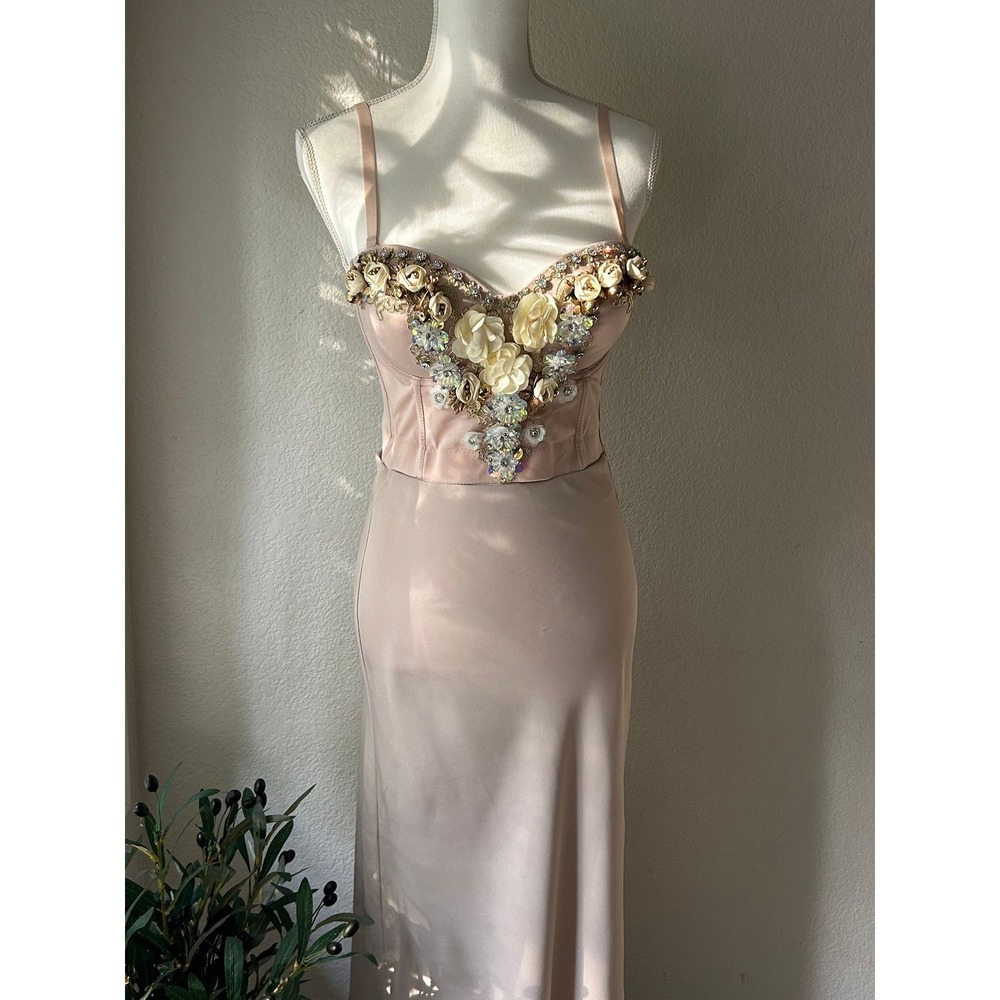 Monte Carlo Garden Bustier Embellished Blush Satin Corset Top S